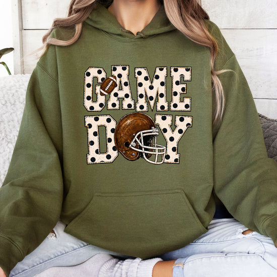 Game Day polka dot football hoodie in Army Green, lifestyle view