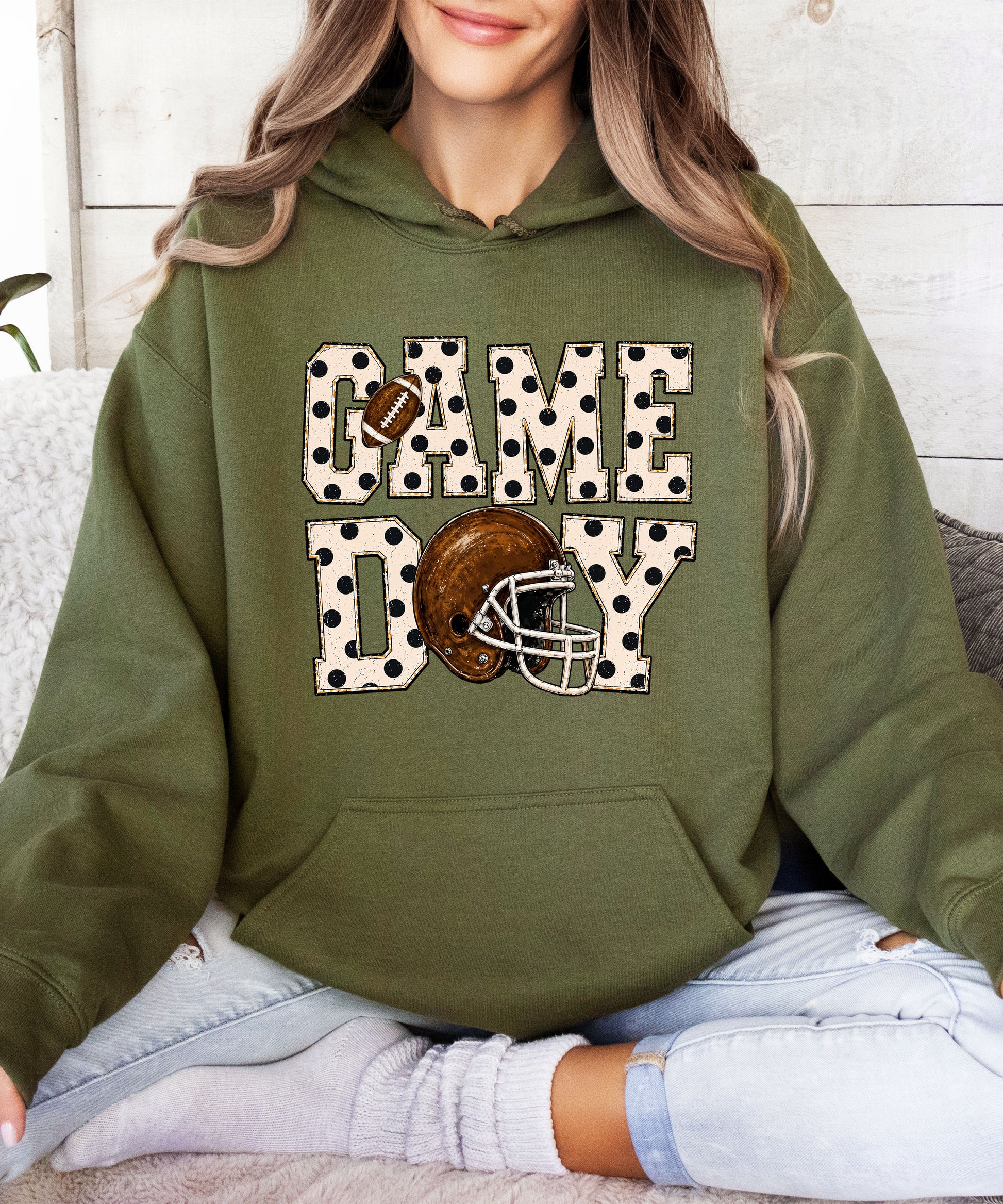 Game Day polka dot football hoodie in Army Green, lifestyle view