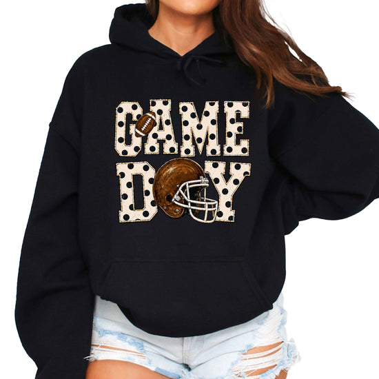Game Day polka dot football hoodie in Black, front view