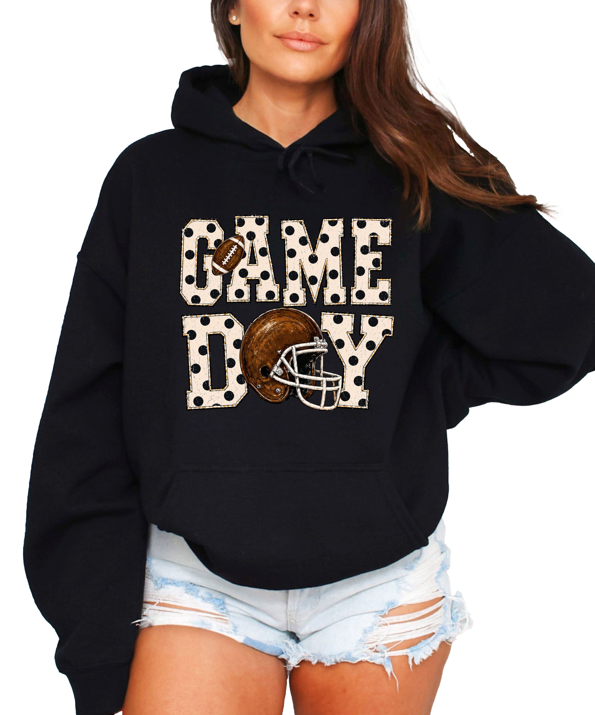 Game Day polka dot football hoodie in Black, front view