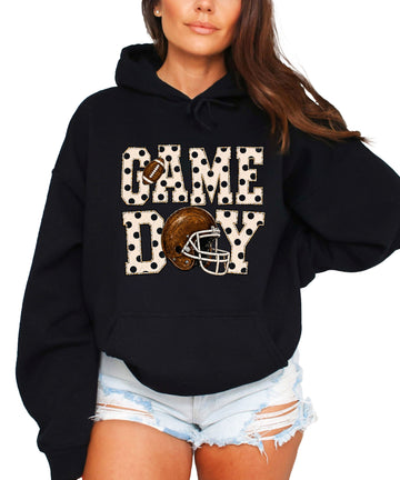 Game Day polka dot football hoodie in Black, front view