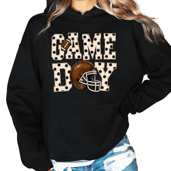 Game Day polka dot football hoodie in Black, styled view