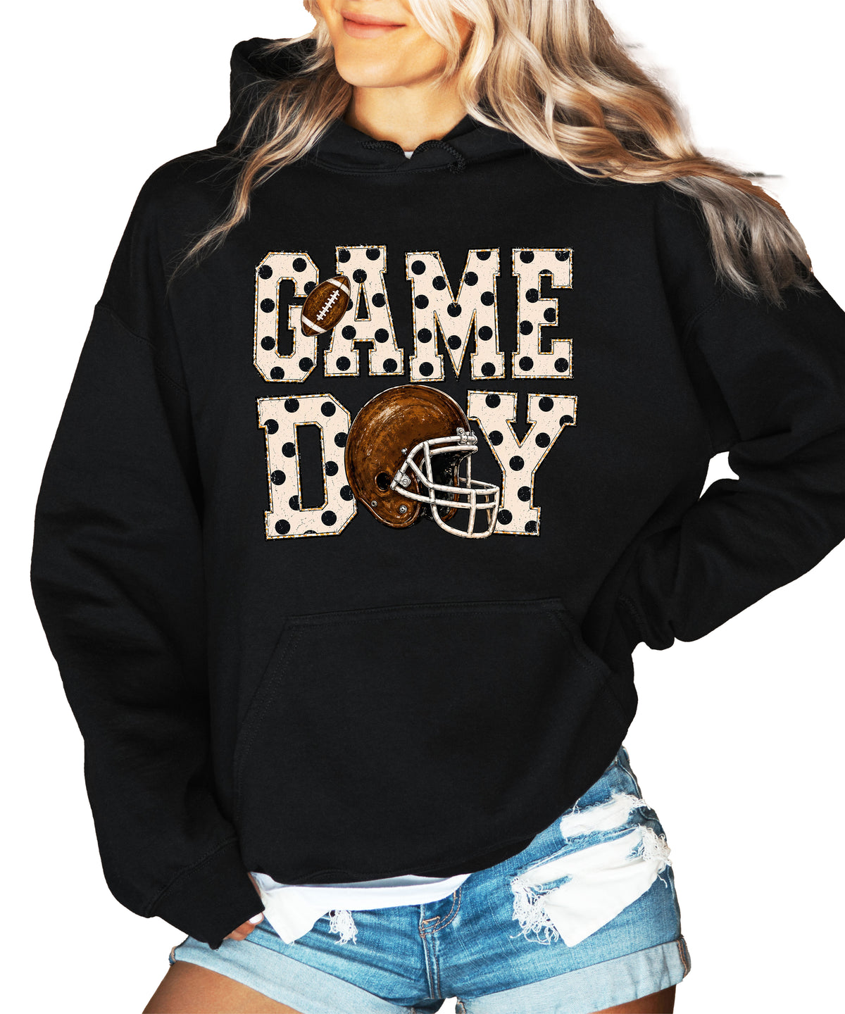 Game Day polka dot football hoodie in Black, styled view