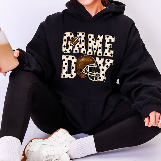 Game Day polka dot football hoodie in Black, lifestyle view