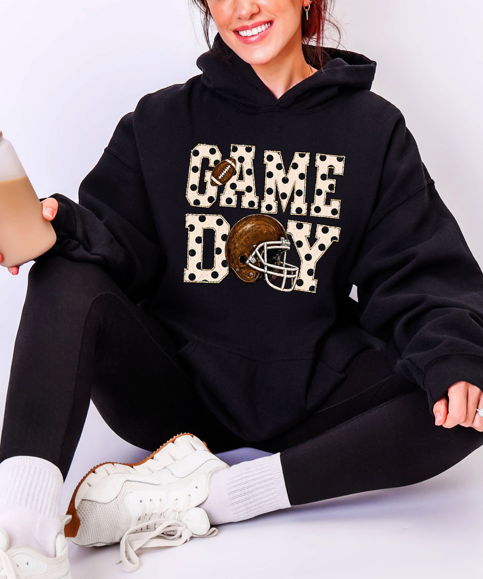 Game Day polka dot football hoodie in Black, lifestyle view