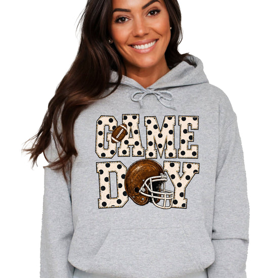 Game Day polka dot football hoodie in Gray, front view