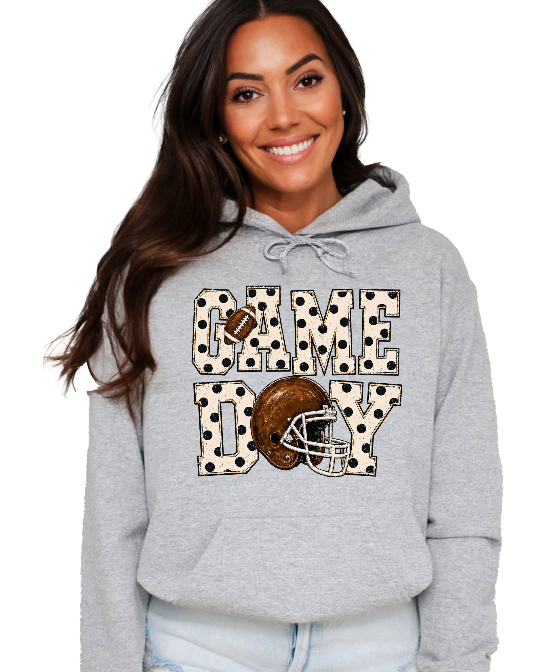 Game Day polka dot football hoodie in Gray, front view