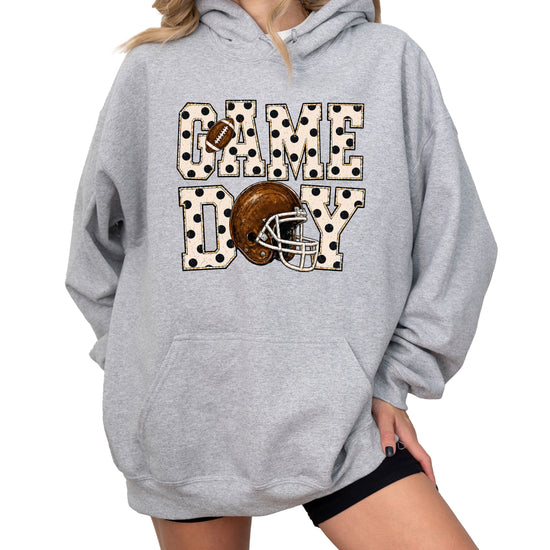 Game Day polka dot football hoodie in Gray, styled view