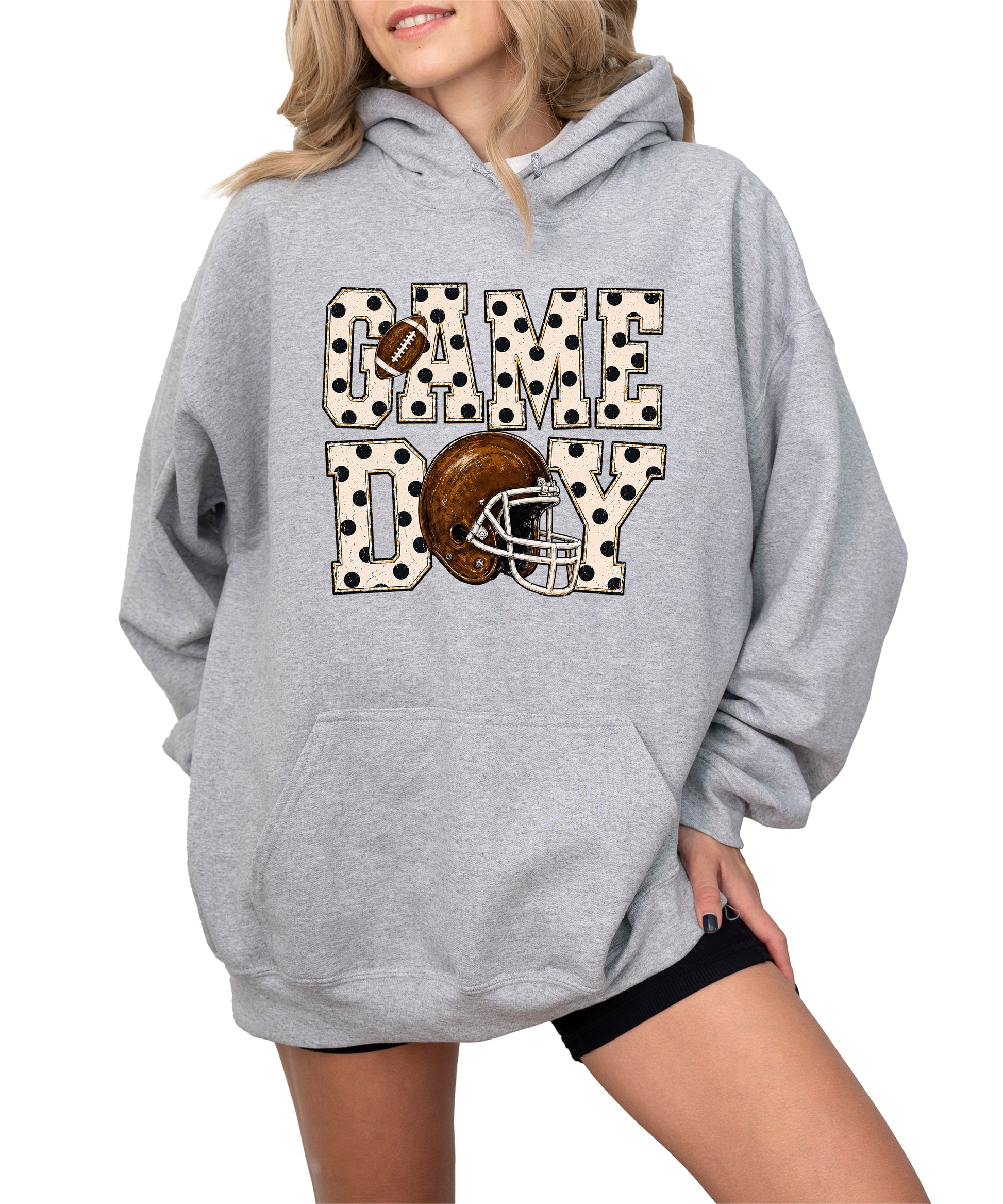 Game Day polka dot football hoodie in Gray, styled view