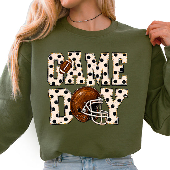 Army Green game day polka dot football crewneck sweatshirt for women, front view