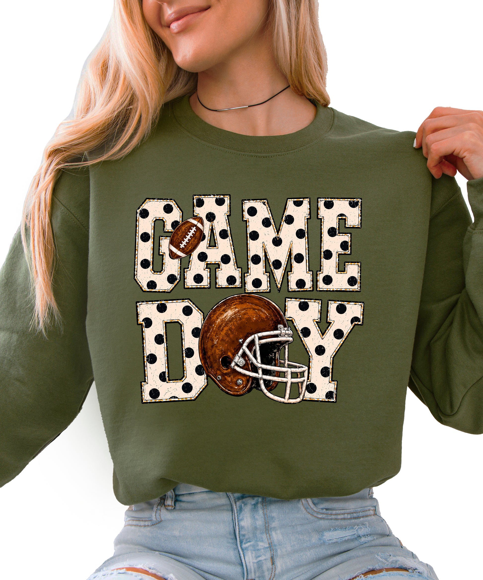 Army Green game day polka dot football crewneck sweatshirt for women, front view