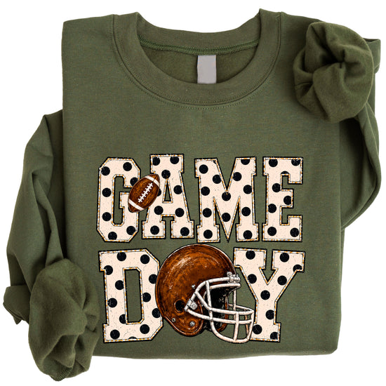 Army Green game day polka dot football crewneck sweatshirt, styled view