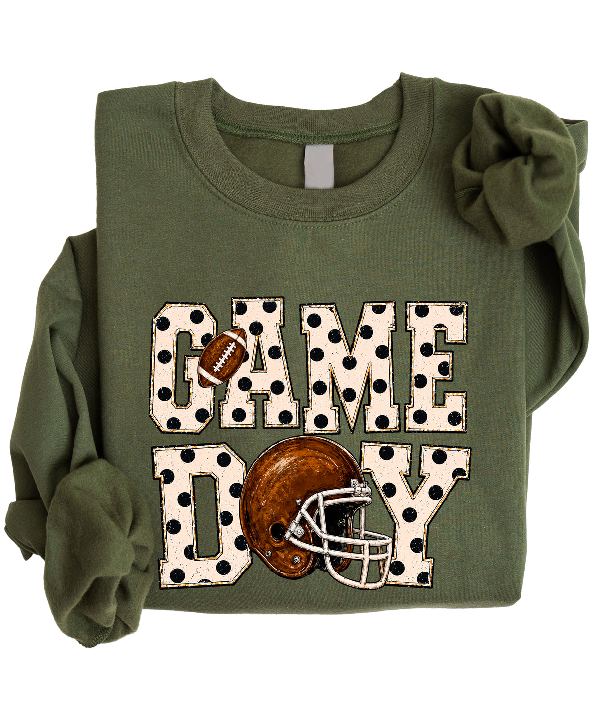 Army Green game day polka dot football crewneck sweatshirt, styled view