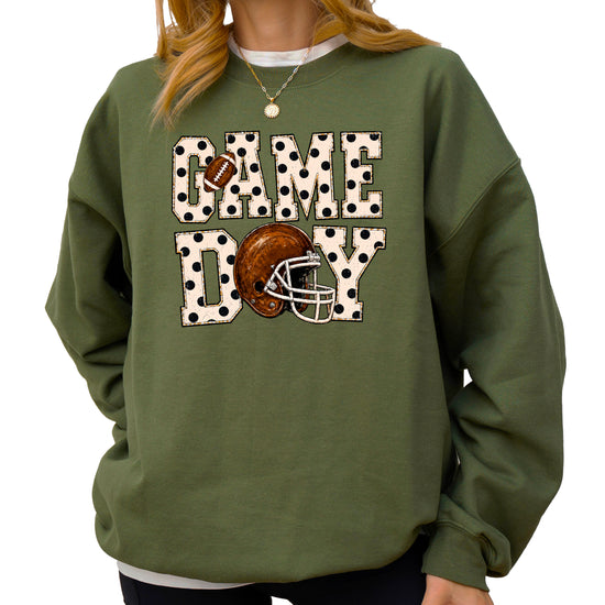 Army Green game day polka dot football crewneck sweatshirt, graphic close up