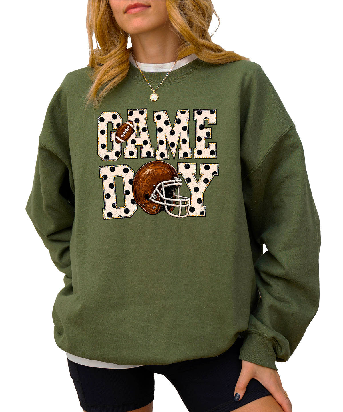 Army Green game day polka dot football crewneck sweatshirt, graphic close up