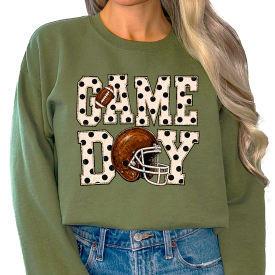 Army Green game day polka dot football crewneck sweatshirt, lifestyle view