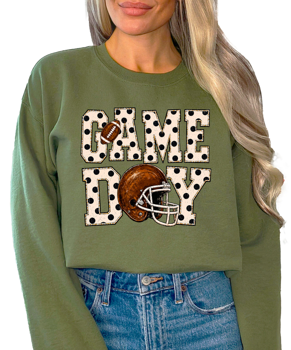 Army Green game day polka dot football crewneck sweatshirt, lifestyle view