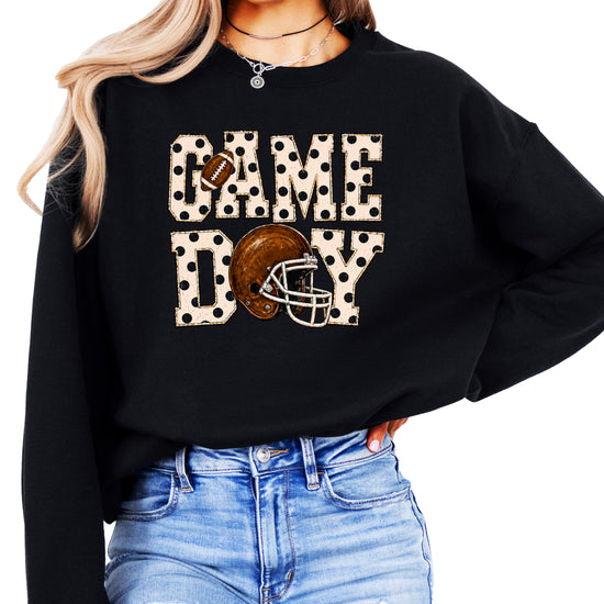 Black game day polka dot football crewneck sweatshirt for women, front view