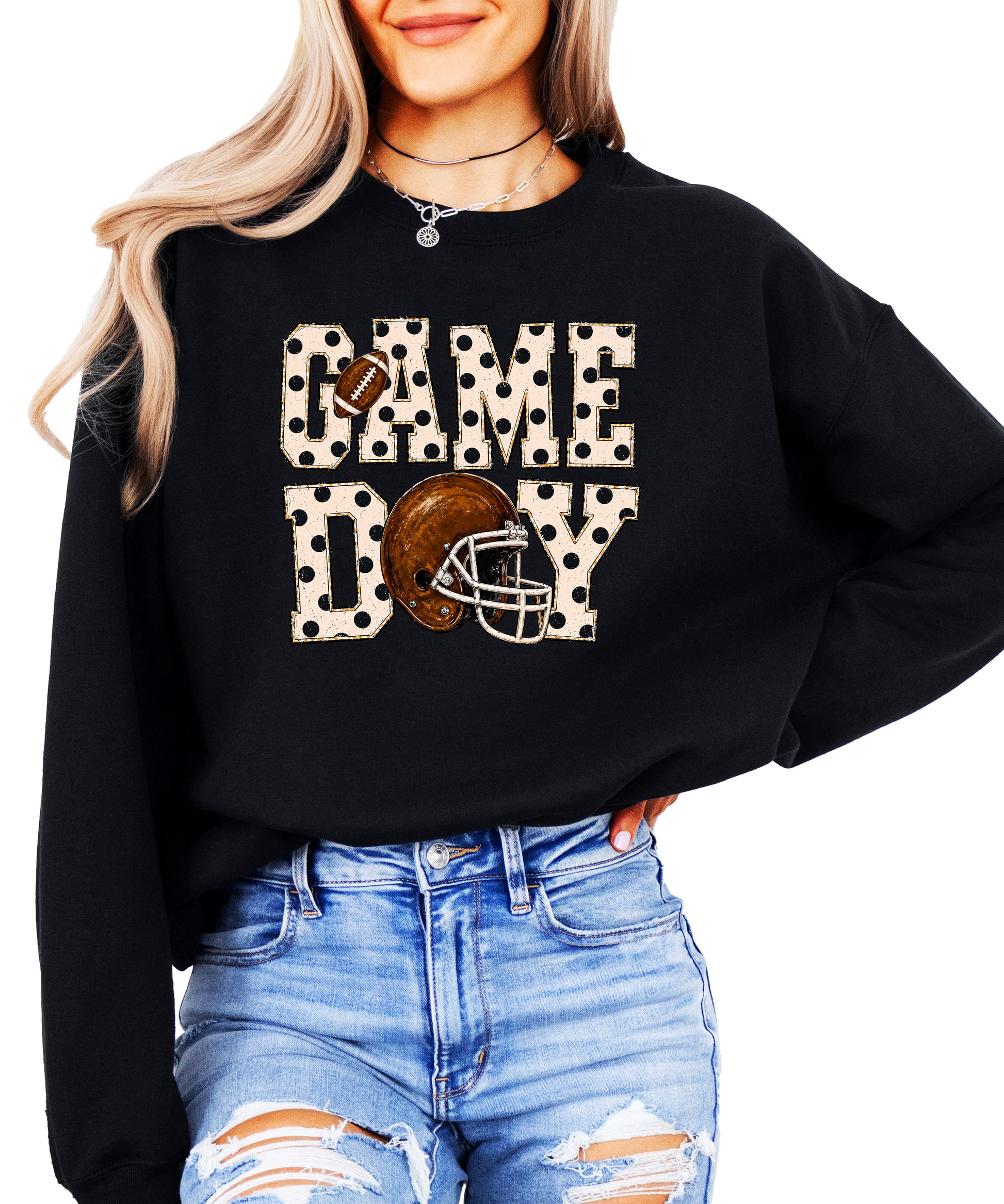 Black game day polka dot football crewneck sweatshirt for women, front view
