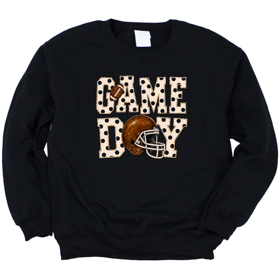 Black game day polka dot football crewneck sweatshirt, styled view