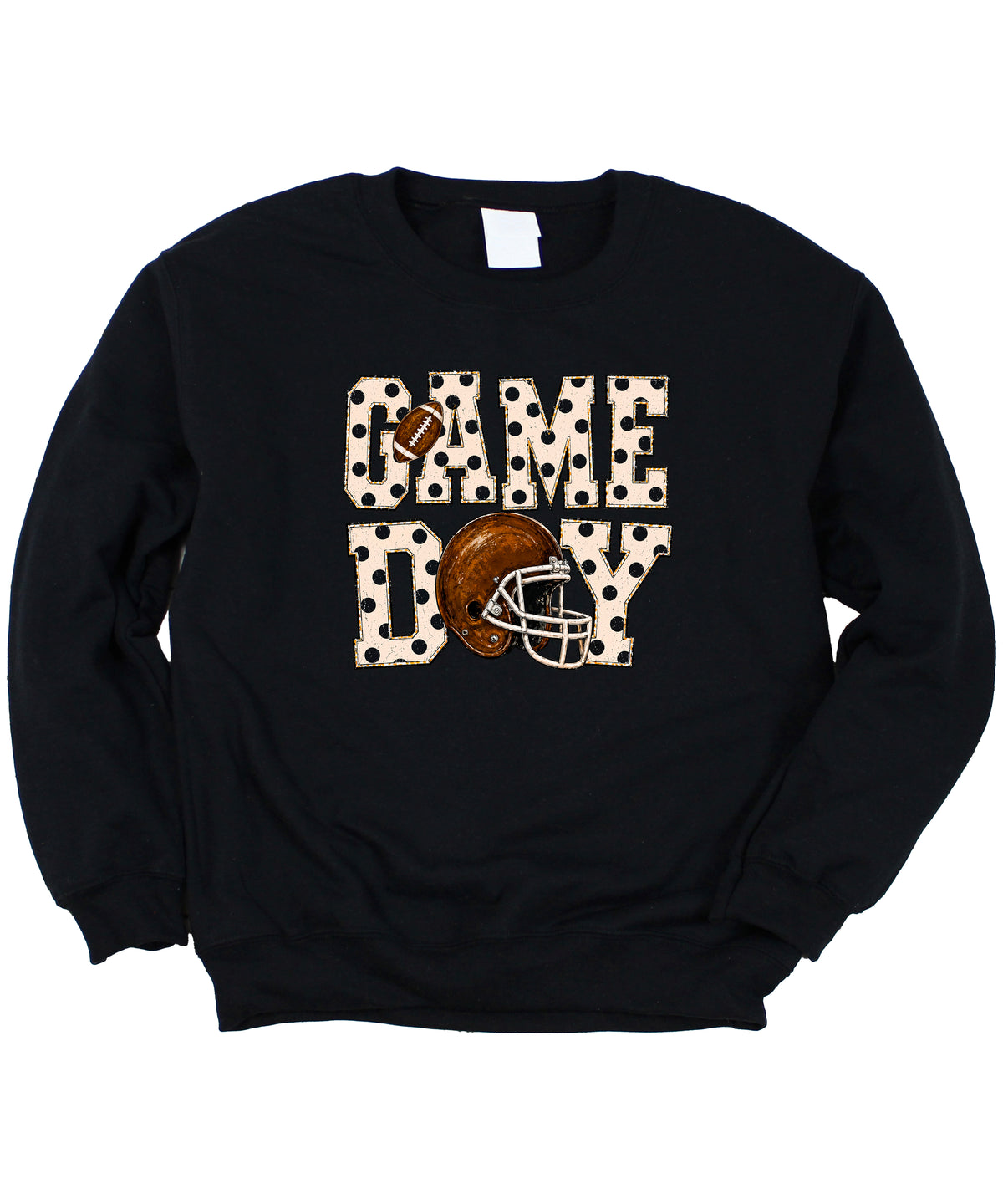 Black game day polka dot football crewneck sweatshirt, styled view