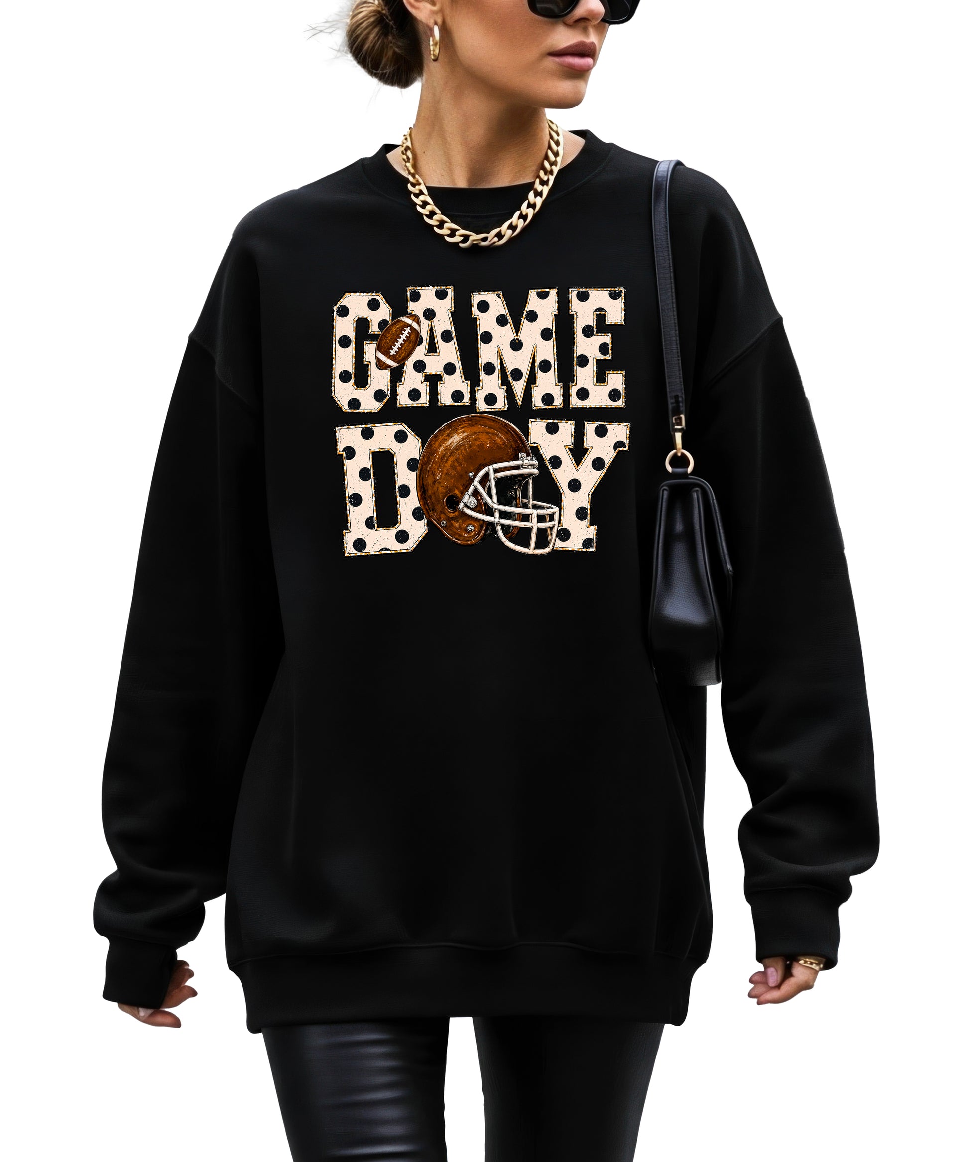 Black game day polka dot football crewneck sweatshirt, graphic close up