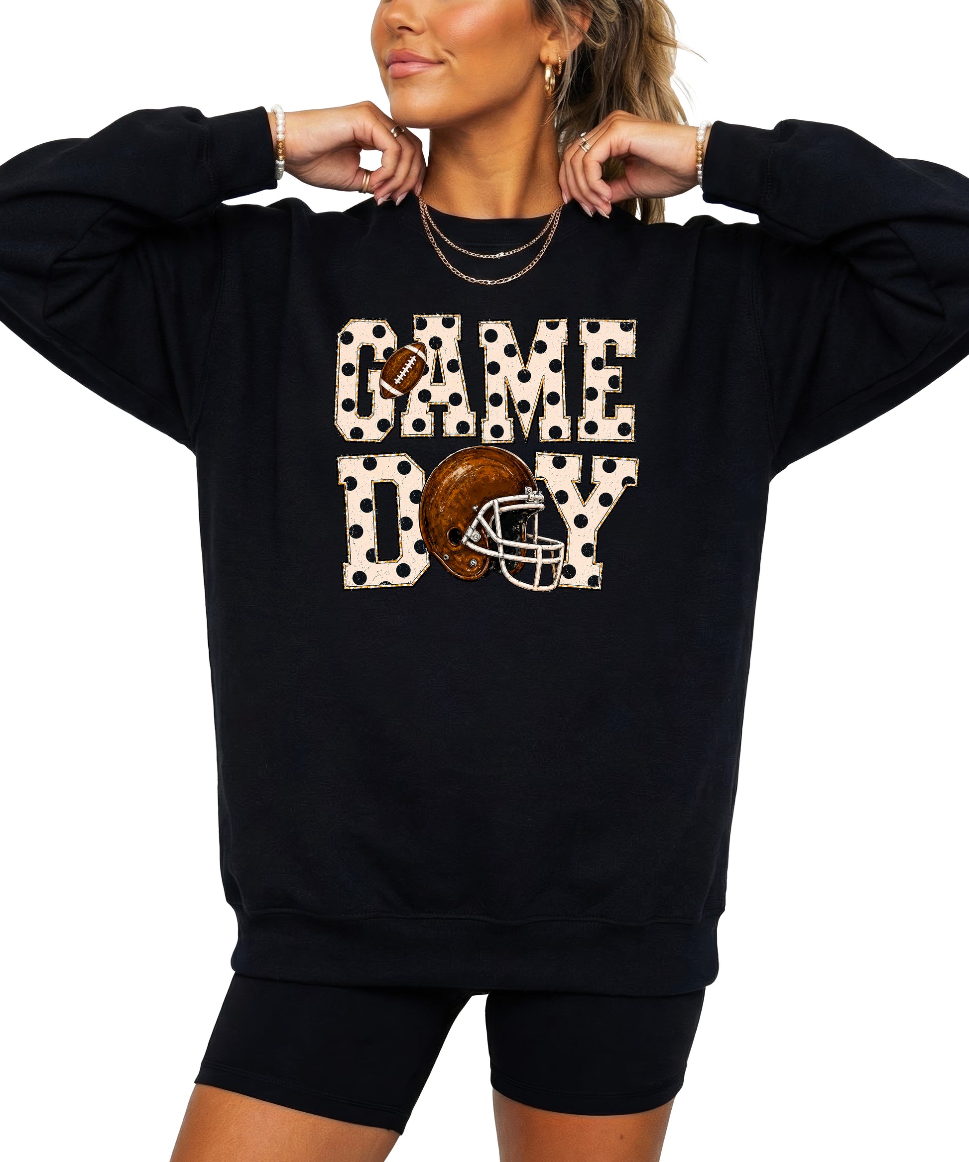 Black game day polka dot football crewneck sweatshirt, lifestyle view