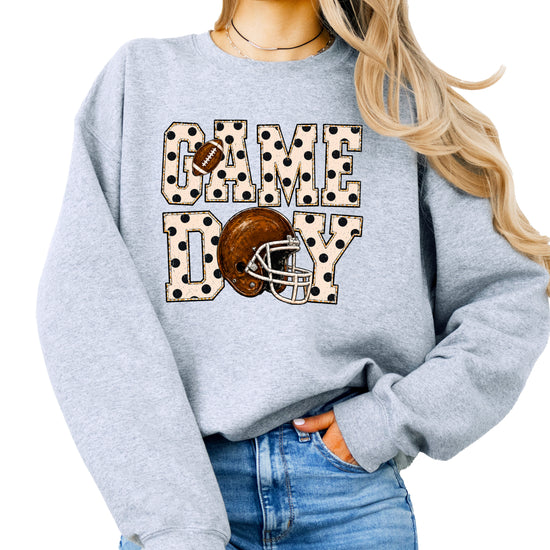 Gray game day polka dot football crewneck sweatshirt for women, front view