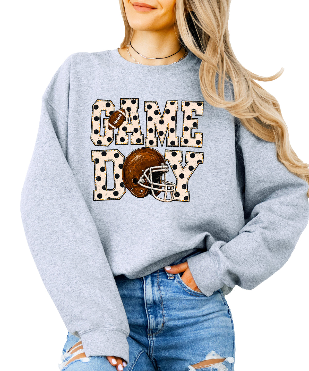 Gray game day polka dot football crewneck sweatshirt for women, front view