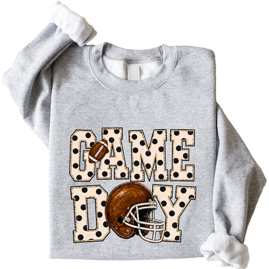 Gray game day polka dot football crewneck sweatshirt, styled view