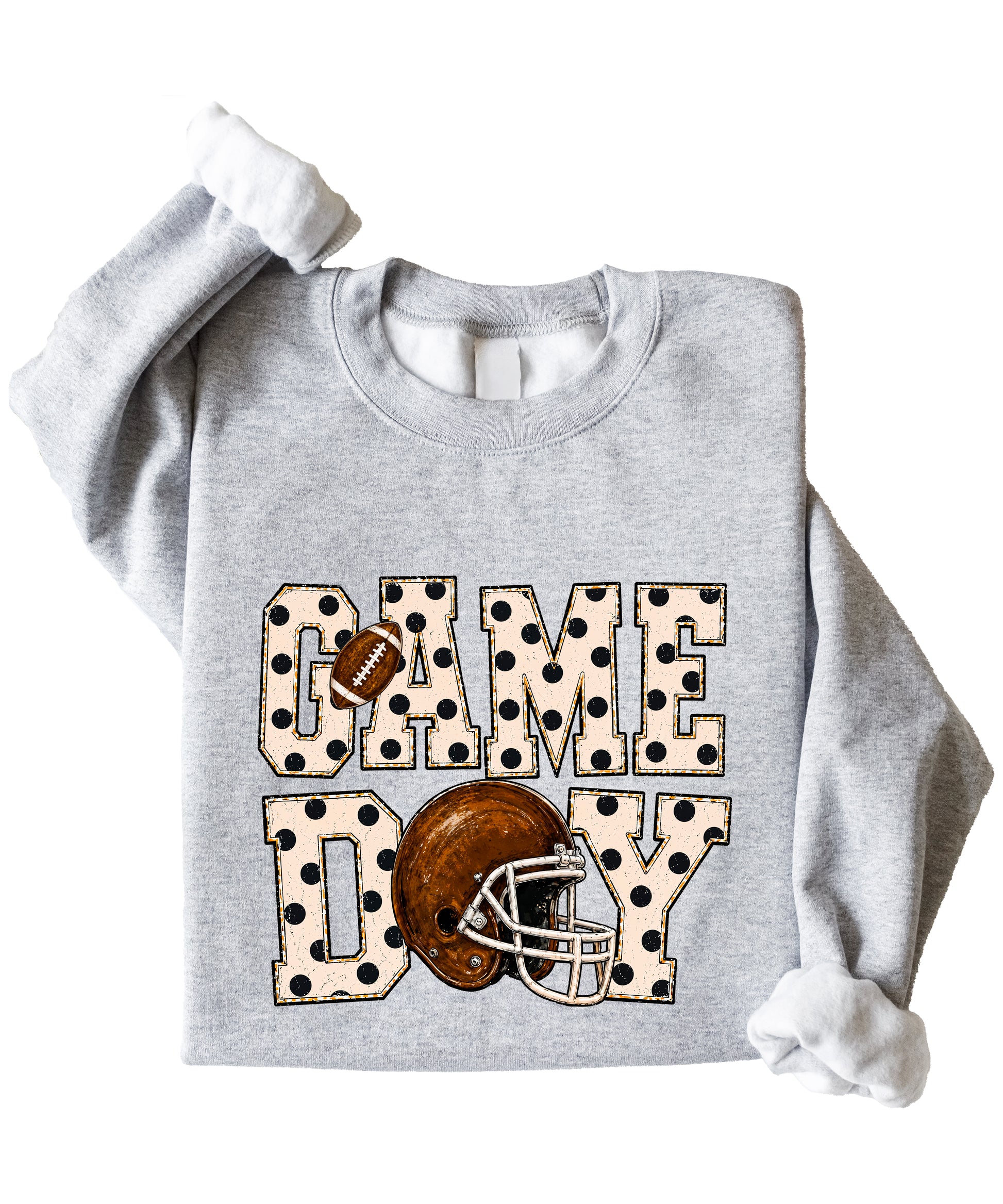 Gray game day polka dot football crewneck sweatshirt, styled view