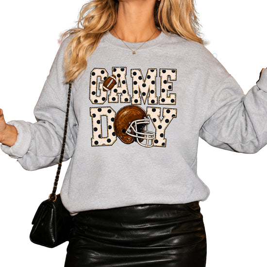 Gray game day polka dot football crewneck sweatshirt, graphic close up