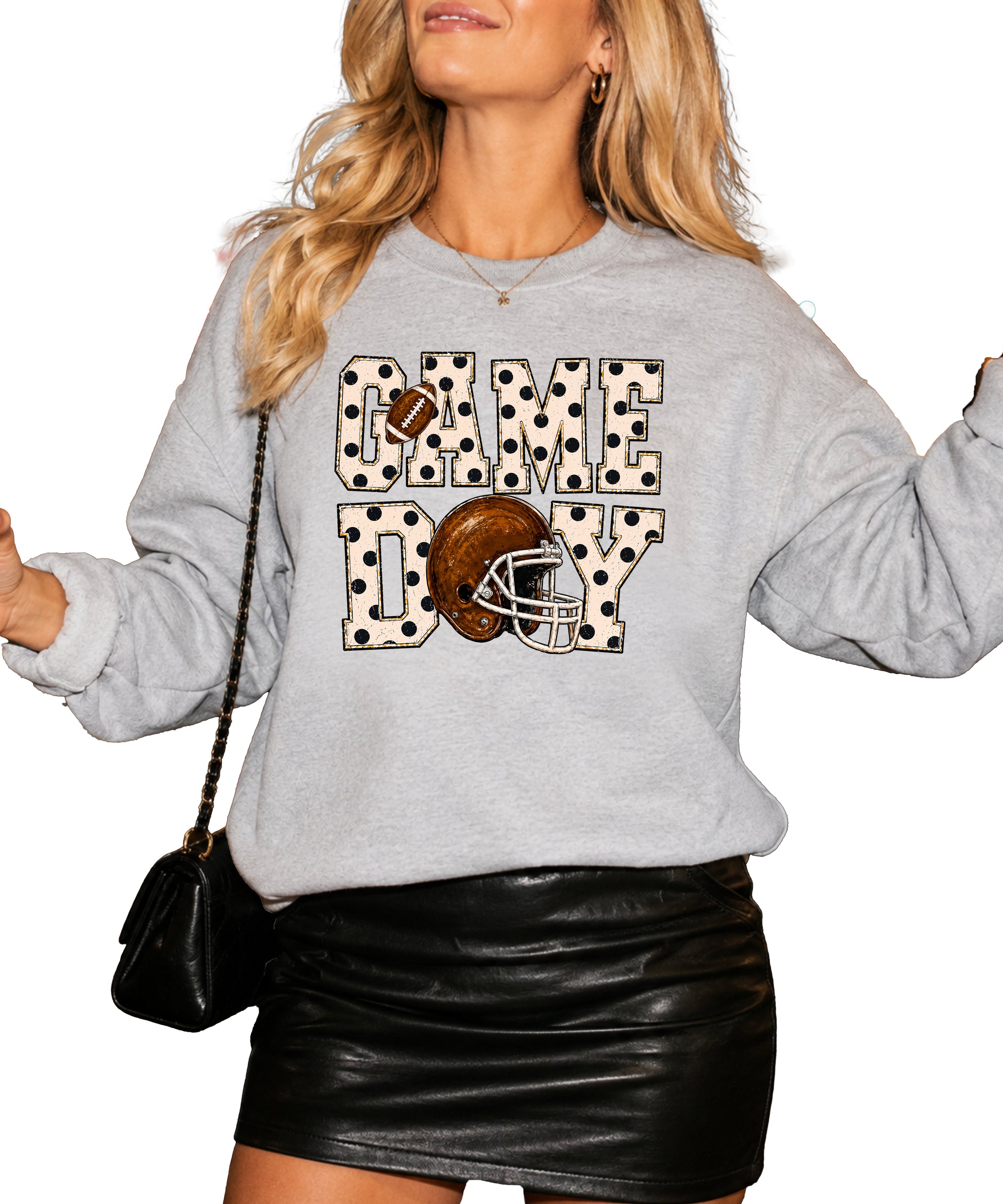 Gray game day polka dot football crewneck sweatshirt, graphic close up