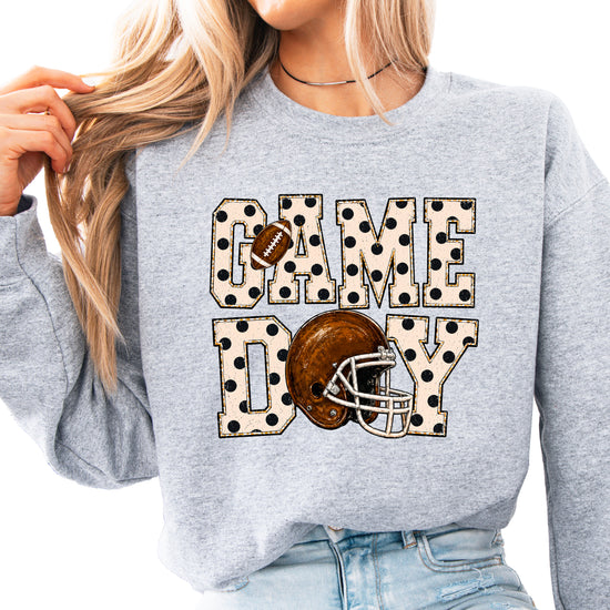 Gray game day polka dot football crewneck sweatshirt, lifestyle view