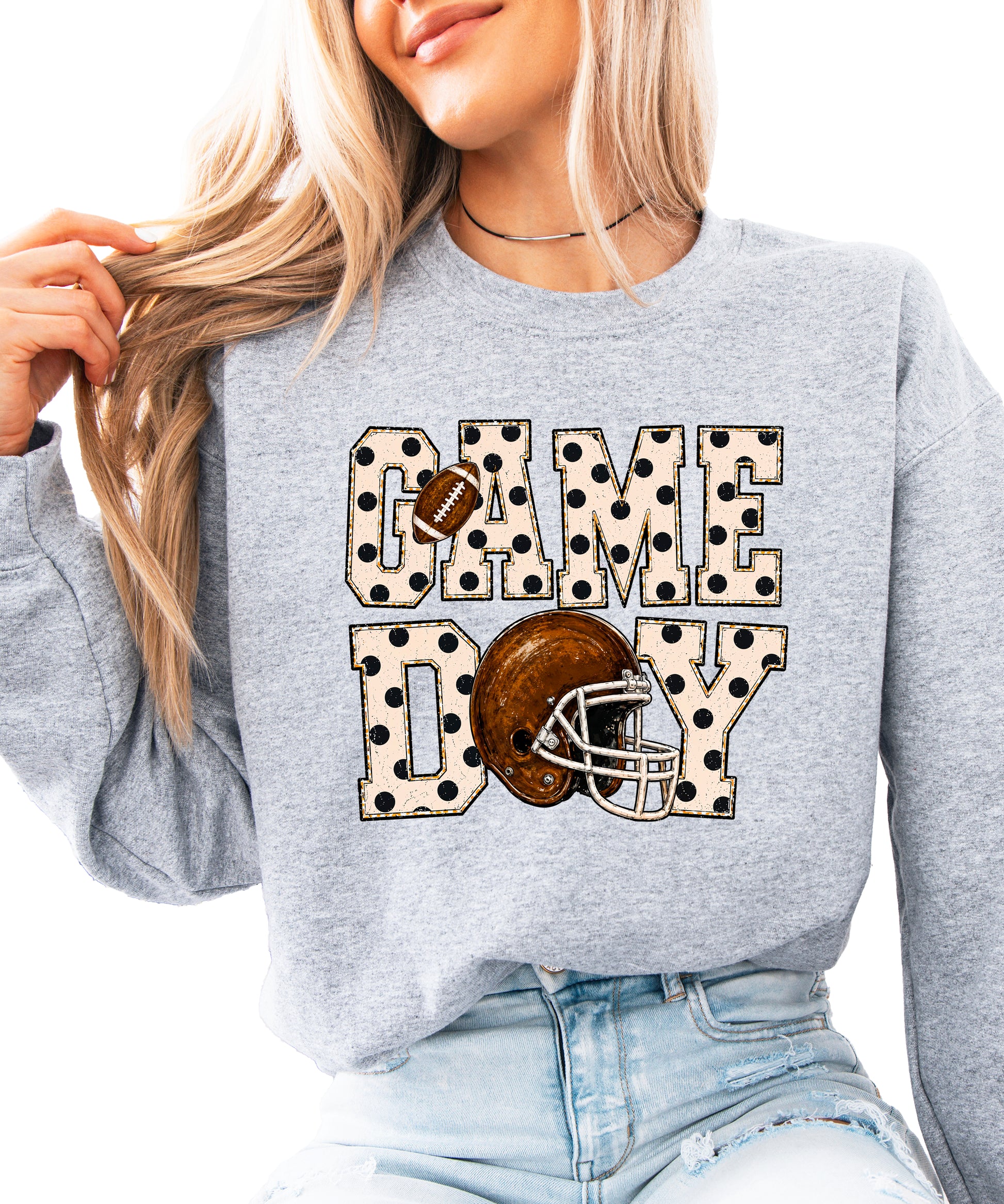 Gray game day polka dot football crewneck sweatshirt, lifestyle view