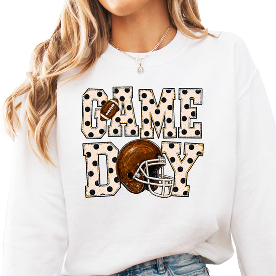 White game day polka dot football crewneck sweatshirt for women, front view