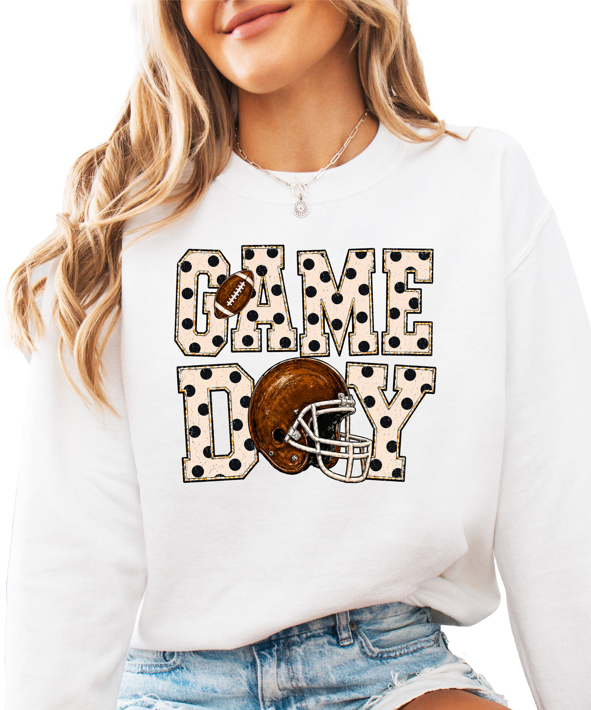 White game day polka dot football crewneck sweatshirt for women, front view