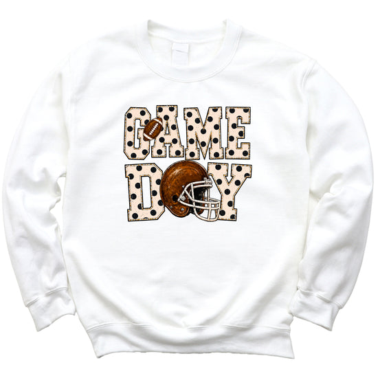 White game day polka dot football crewneck sweatshirt, styled view