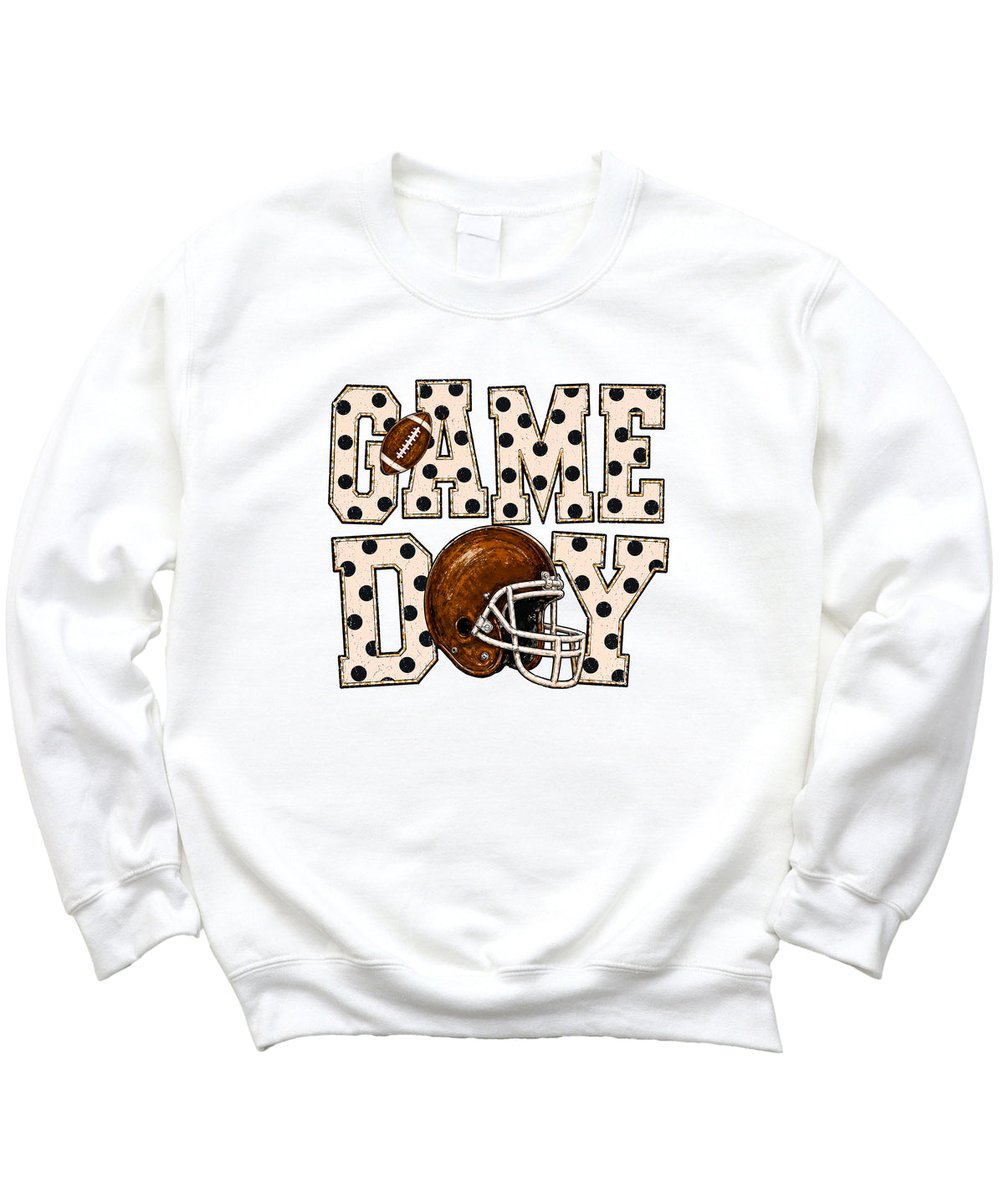 White game day polka dot football crewneck sweatshirt, styled view