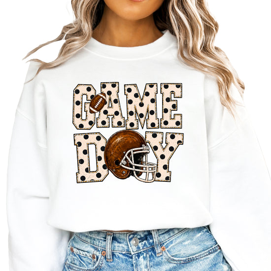 White game day polka dot football crewneck sweatshirt, graphic close up