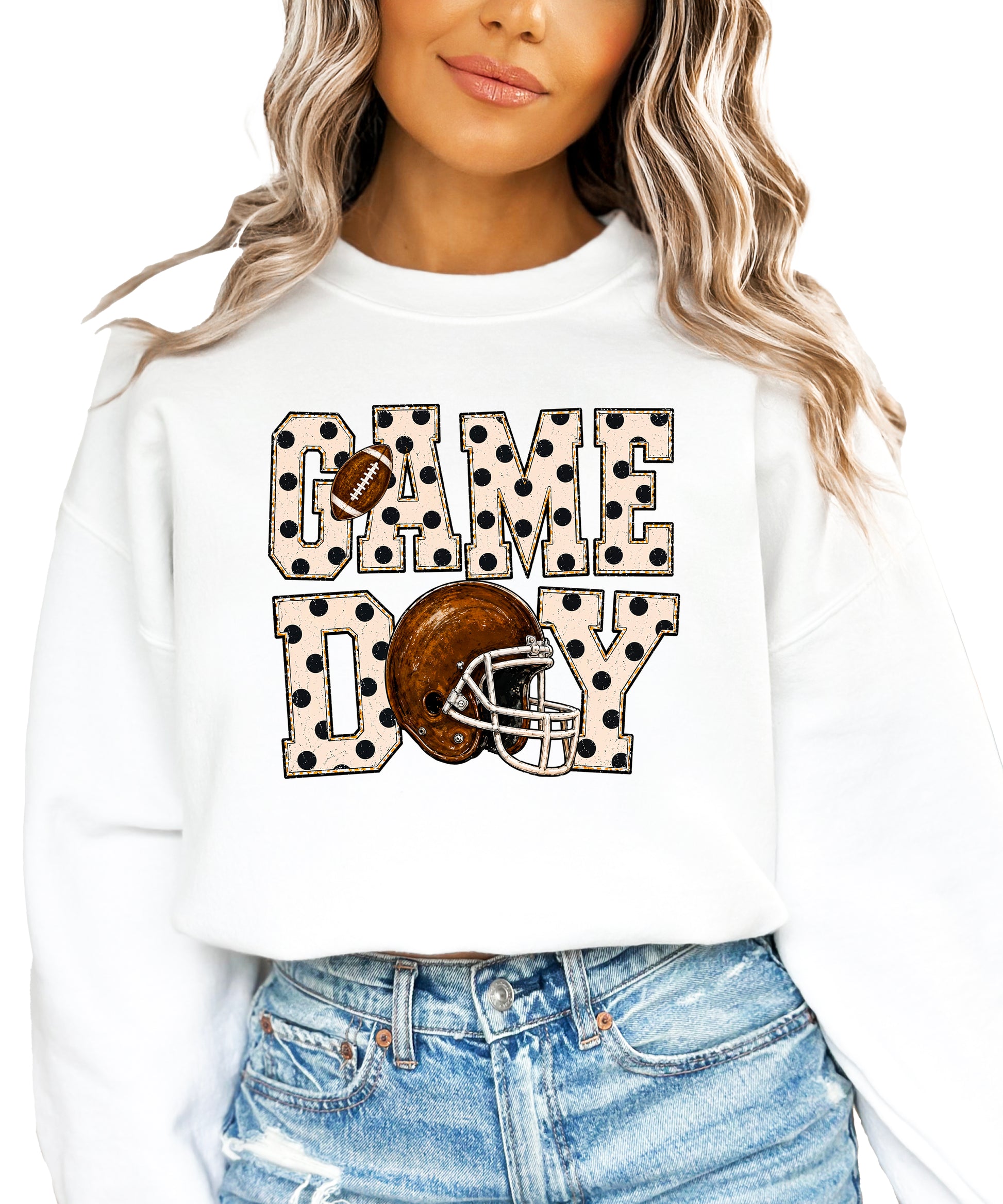 White game day polka dot football crewneck sweatshirt, graphic close up