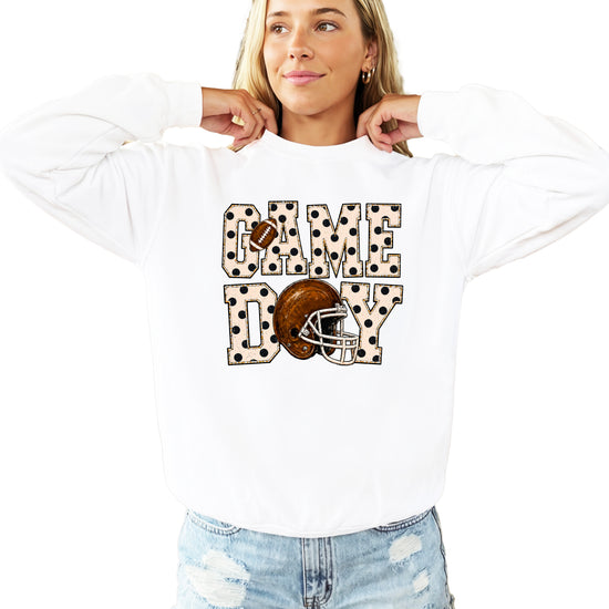 White game day polka dot football crewneck sweatshirt, lifestyle view