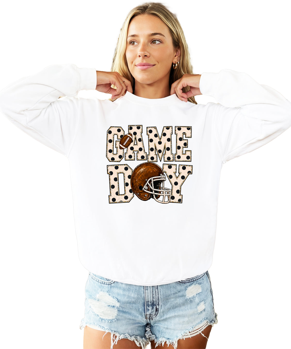 White game day polka dot football crewneck sweatshirt, lifestyle view