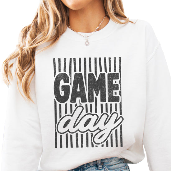 Game Day striped distressed football crewneck sweatshirt for women and teen girls, Black on White Sweatshirt, front view