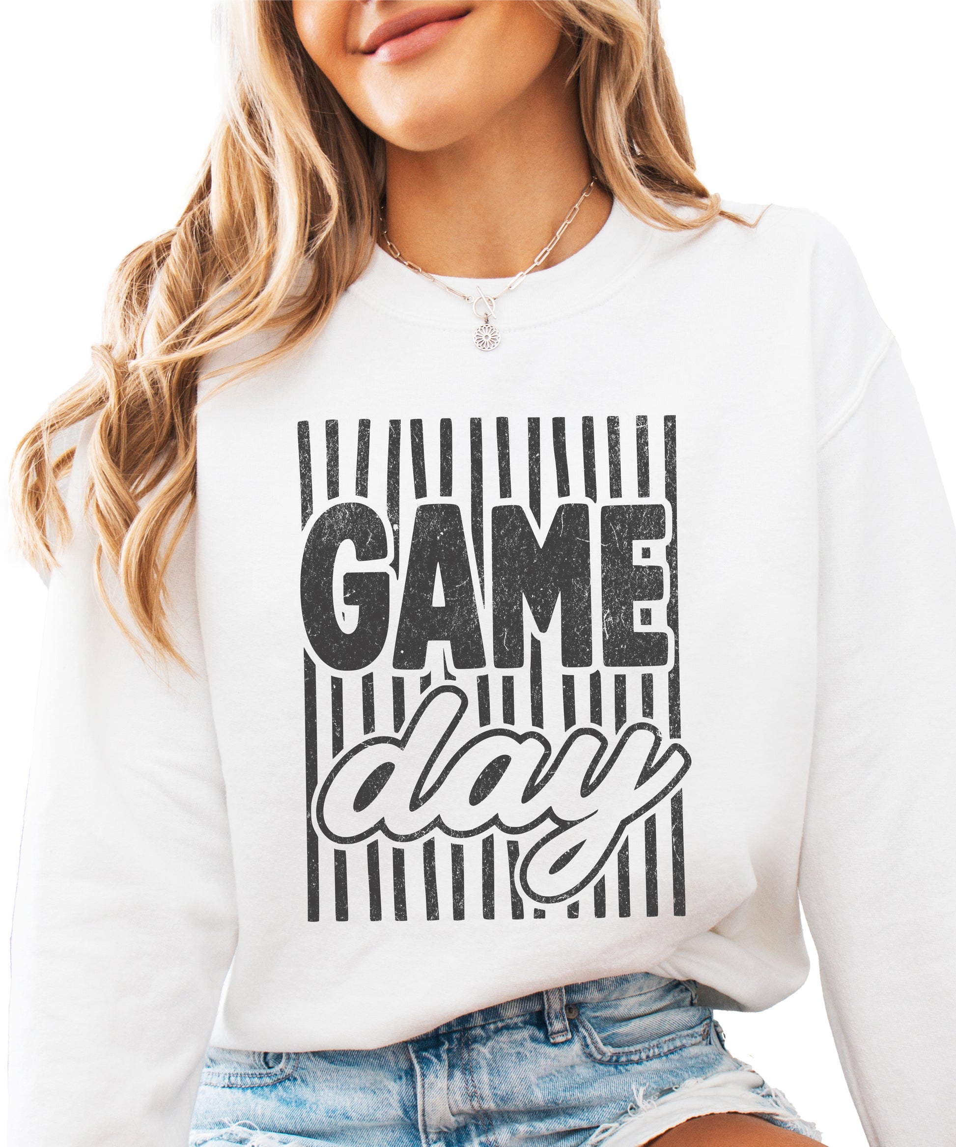 Game Day striped distressed football crewneck sweatshirt for women and teen girls, Black on White Sweatshirt, front view