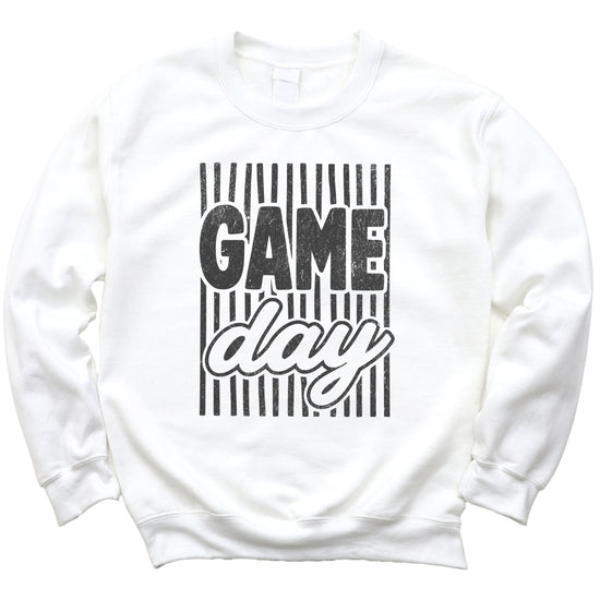 Game Day striped distressed football crewneck sweatshirt for women and teen girls, Black on White Sweatshirt, detail view