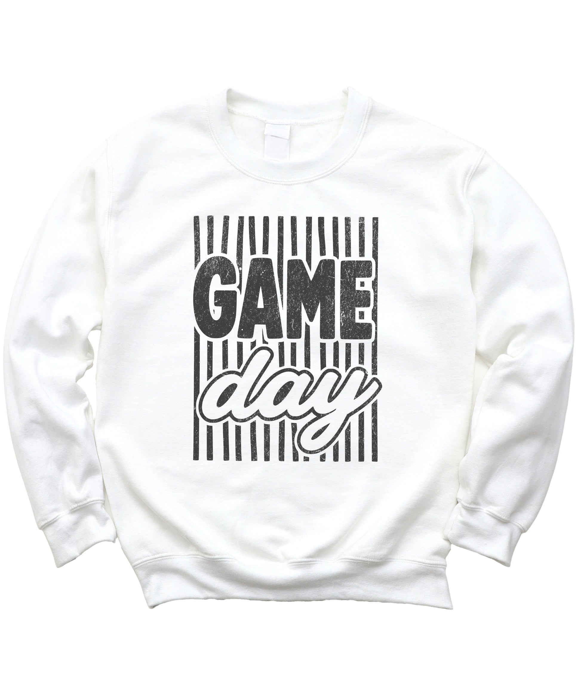 Game Day striped distressed football crewneck sweatshirt for women and teen girls, Black on White Sweatshirt, detail view