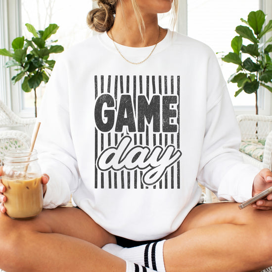 Game Day striped distressed football crewneck sweatshirt for women and teen girls, Black on White Sweatshirt, styled view