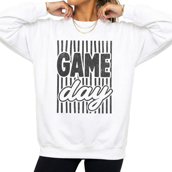 Game Day striped distressed football crewneck sweatshirt for women and teen girls, Black on White Sweatshirt, alternate view