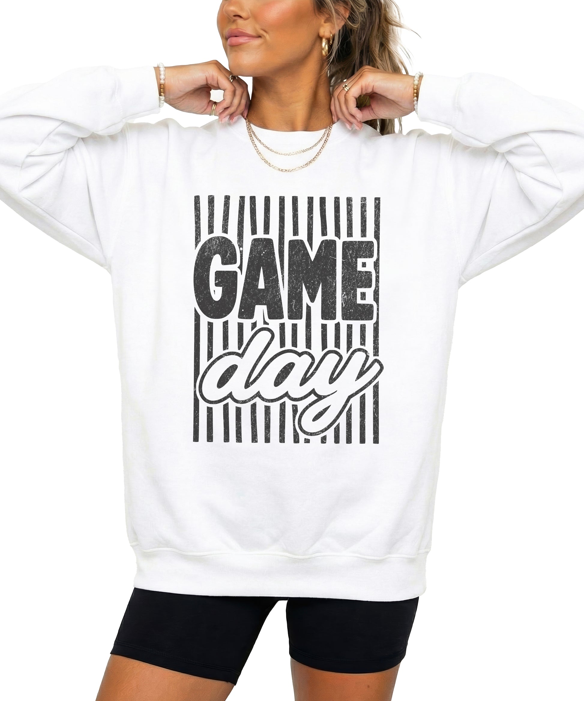 Game Day striped distressed football crewneck sweatshirt for women and teen girls, Black on White Sweatshirt, alternate view